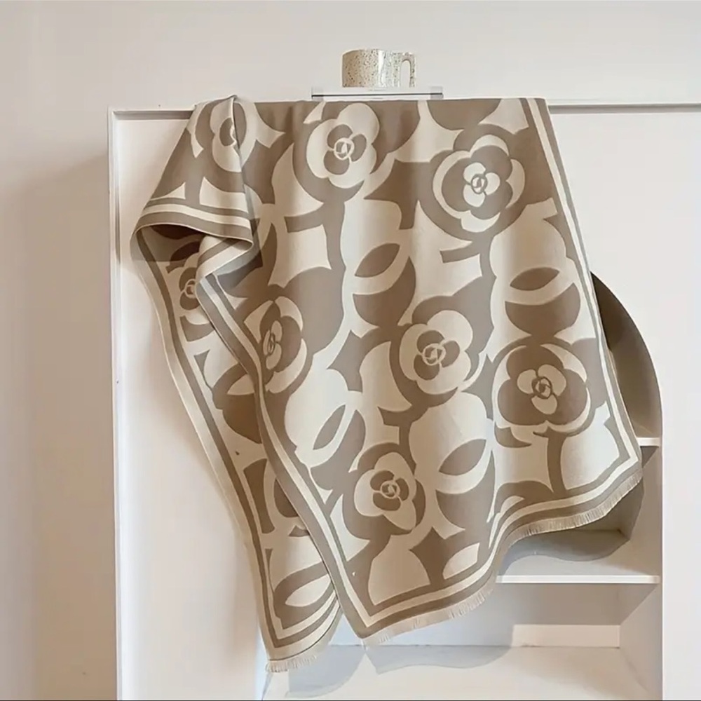 Elegant Camellia Black & White Scarf - Boho Chic, Large Square Shawl for Women - Picture 2 of 3